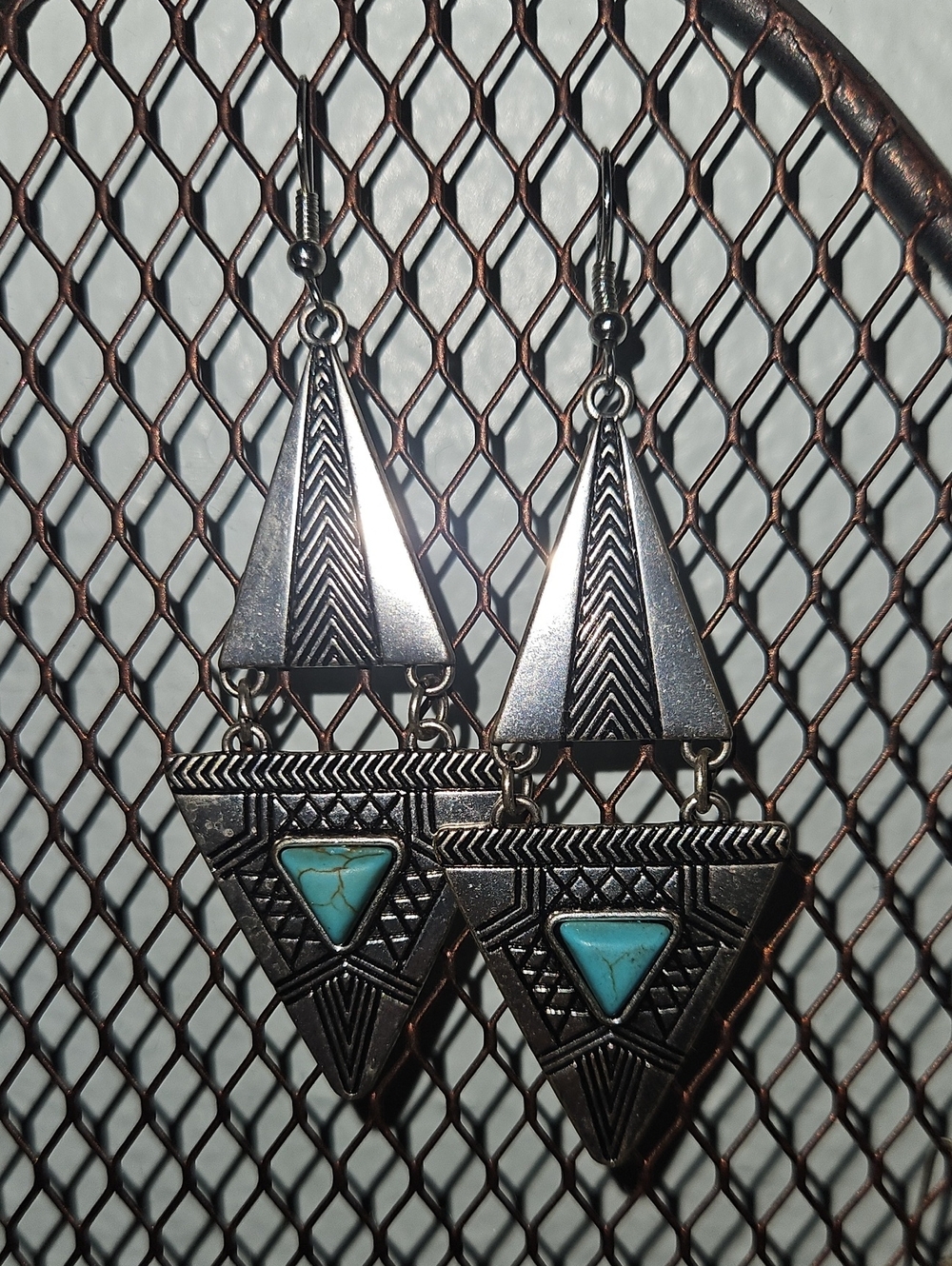 🌴Boho Silver-Tone Triangle Drop Earrings with Turquoise Stone